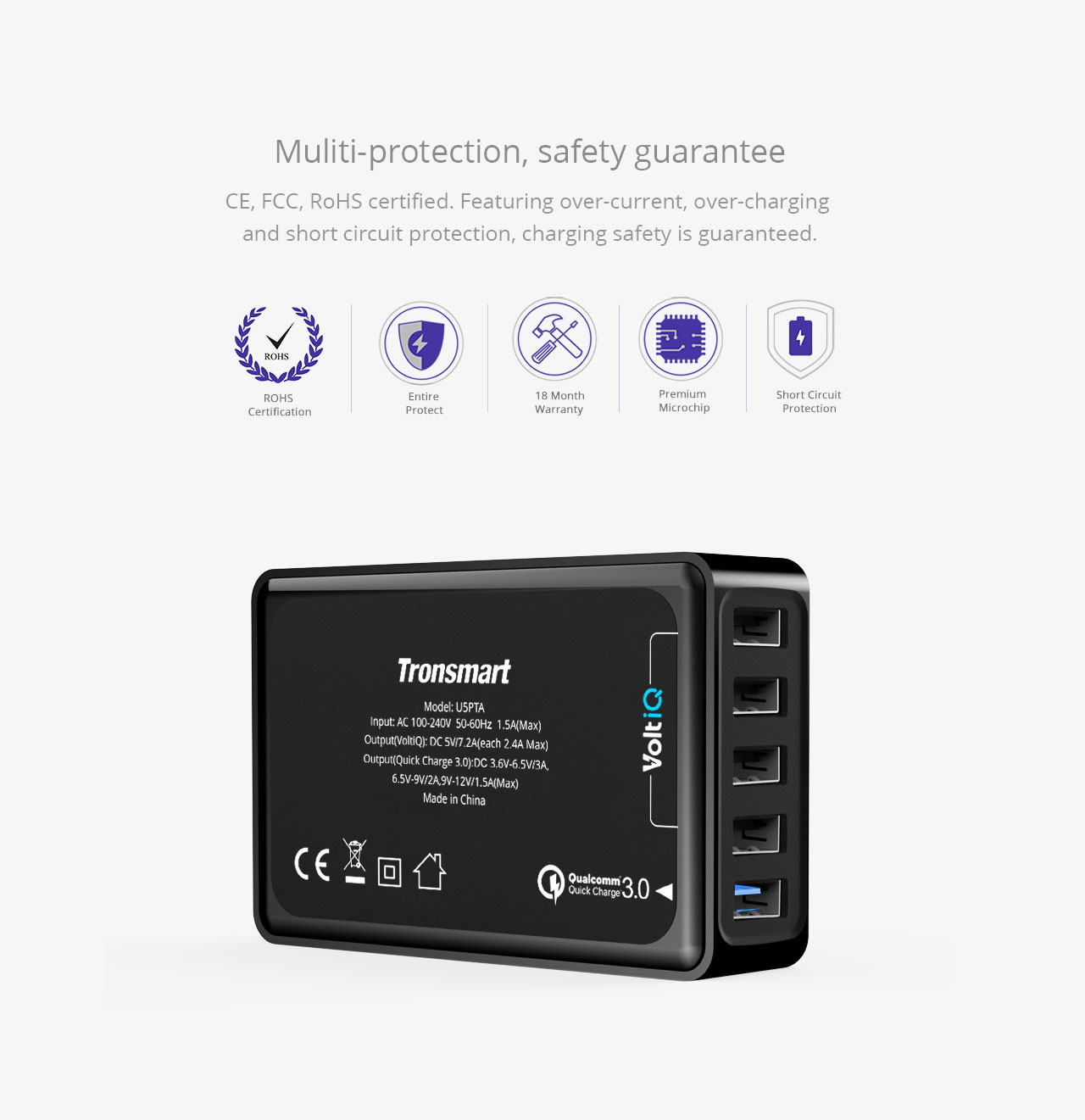 Tronsmart Quick Charge 3.0 USB Charger 1 Quick Charge Port and 4 VoltIQ Ports 54W for Quick Charge 3.0 and Quick Charge 2.0 Compatible Devices - US Plug