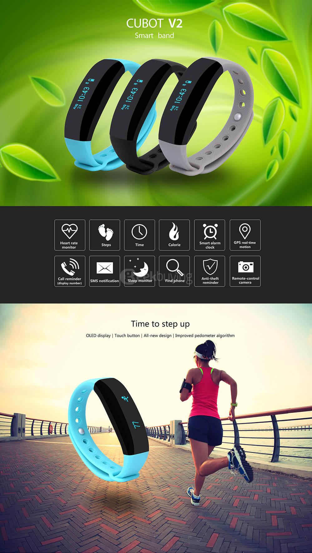 CUBOT V2 Heart Rate Monitor Smart Wristband Real-time GPS Intelligent Reminder Remote Camera IP65 Waterproof For iOS Android - Black
