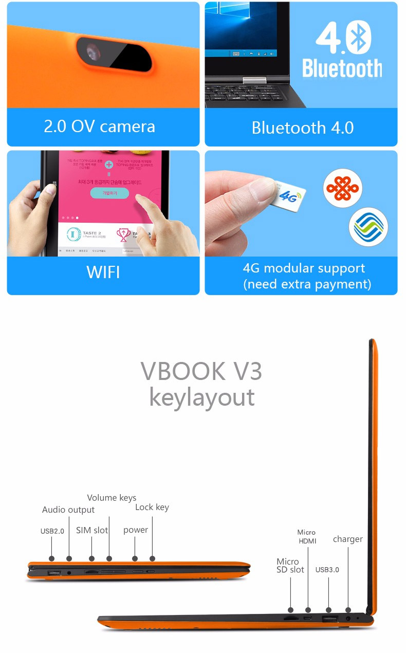 Voyo VBook V3 Ultrabook 13.3 inch Dual OS Windows 10 + Android5.1 4GB/64GB Intel Atom X5 Z8350 Quad Core 1.92GHz IPS 1920*1080 - Orange
