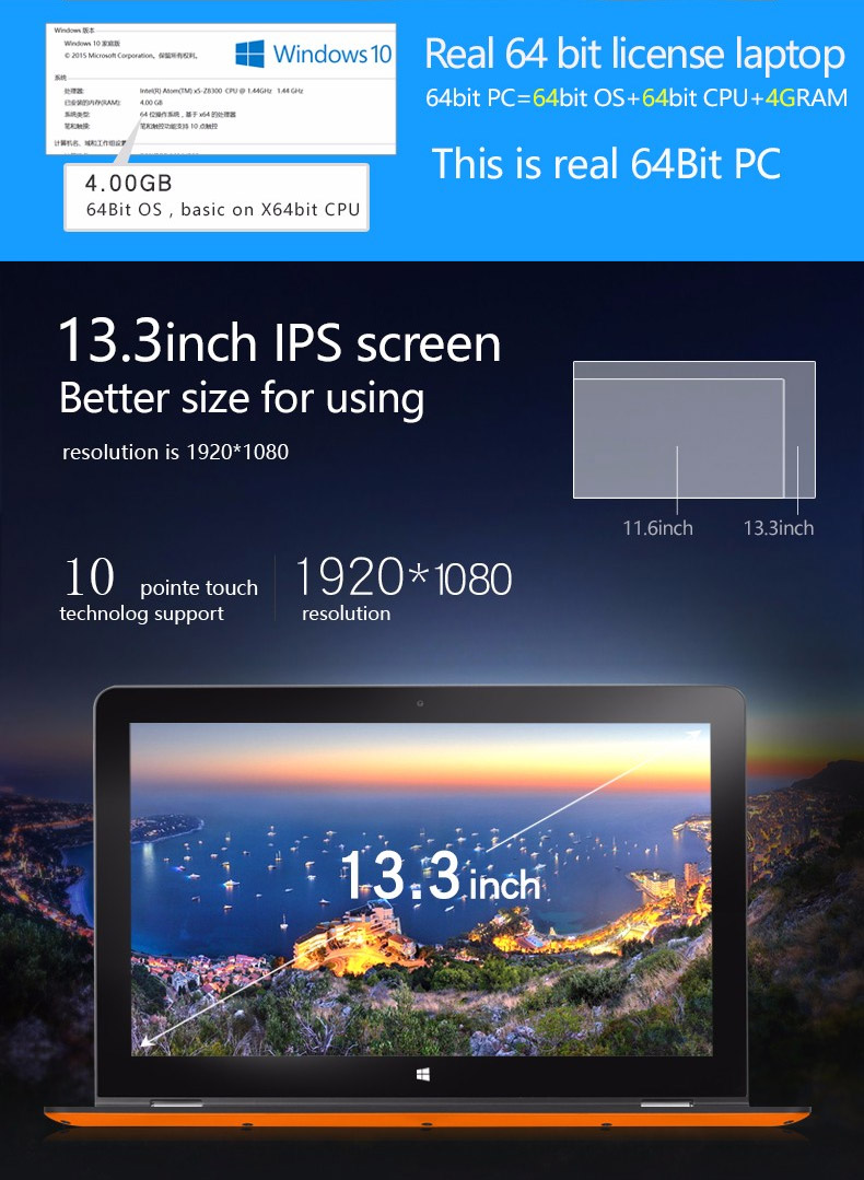 Voyo VBook V3 Ultrabook 13.3 inch Dual OS Windows 10 + Android5.1 4GB/64GB Intel Atom X5 Z8350 Quad Core 1.92GHz IPS 1920*1080 - Orange