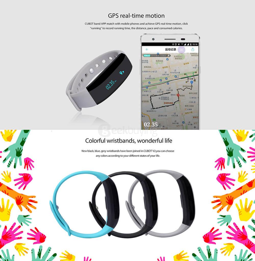 CUBOT V2 Heart Rate Monitor Smart Wristband Real-time GPS Intelligent Reminder Remote Camera IP65 Waterproof For iOS Android - Black
