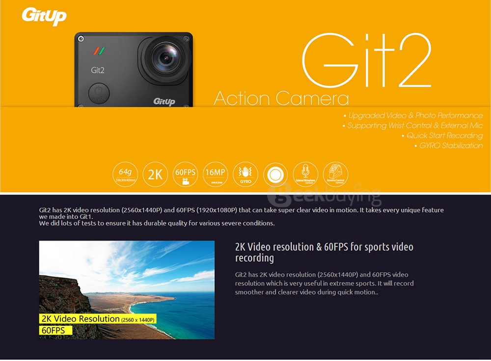 GitUp Git2 2K WiFi Action Camera 1440P 1.5