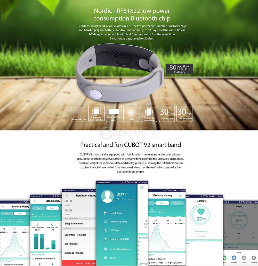 CUBOT V2 Heart Rate Monitor Smart Wristband Real-time GPS Intelligent Reminder Remote Camera IP65 Waterproof For iOS Android - Black