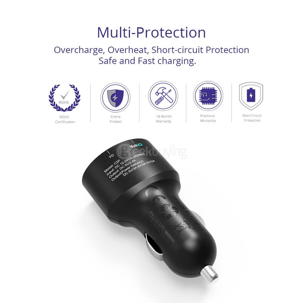 Tronsmart 42W USB-C 2-Port Car Charger with Power Delivery for Google Pixel/Pixel XL MacBook 2016 Model iPad Pro and VoltiQ for iPhone Samsung & More