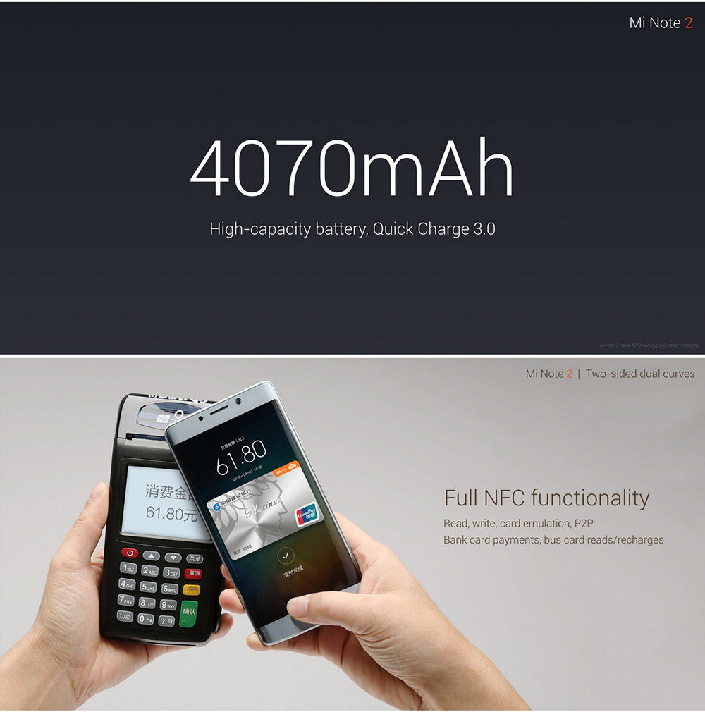 Xiaomi Note 2 5.7inch OLED Curved FHD Screen Android 6.0 OS 4G+ LTE Smartphone Qualcomm Snapdragon 821 4GB 64GB 22.56MP Touch ID NFC 3D Glass Cover - Jet Black