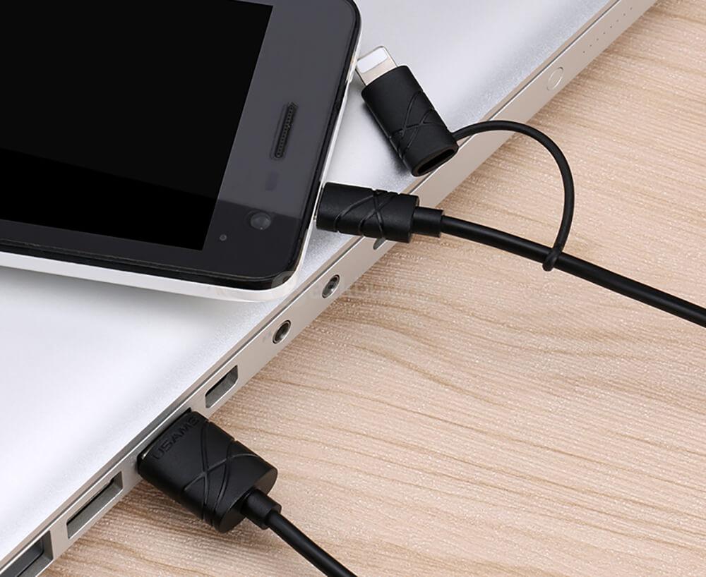 USAMS U-gee Series 8 Pin And Micro USB 2 in 1 Mobile Phone Charging Cable Fast Charge Data Cable For Apple And Android Devices - Black