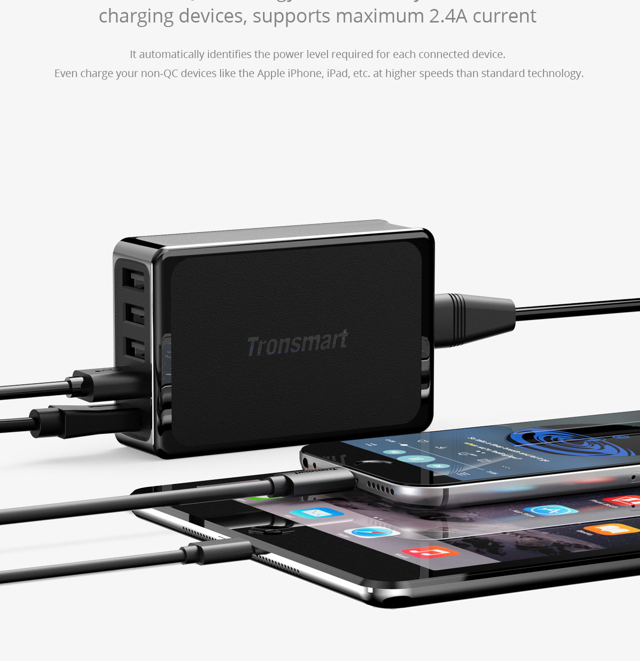 Tronsmart Quick Charge 3.0 USB Charger 1 Quick Charge Port and 4 VoltIQ Ports 54W for Quick Charge 3.0 and Quick Charge 2.0 Compatible Devices - UK Plug