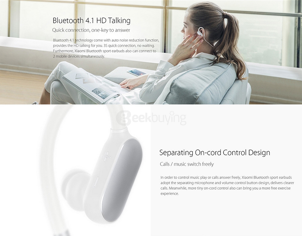Original Xiaomi Wireless Bluetooth 4.1 Music Sport Earbuds Ear-hook Design IPX4 Waterproof Wired Control - Black