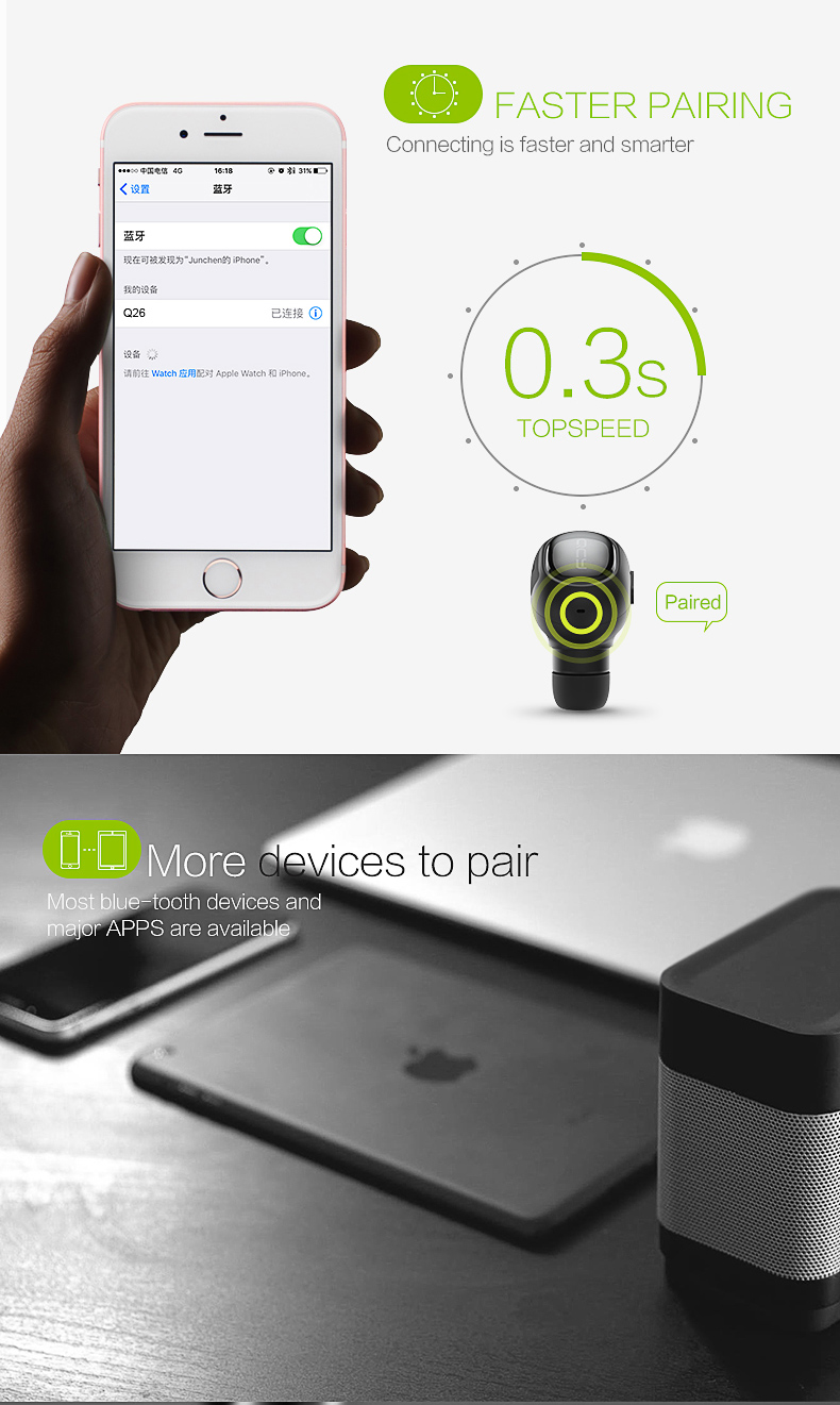 QCY Q26 Mini Wireless In-ear Bluetooth 4.1 Earphone Handsfree Stereo Music Sport Driving Earbud With Microphone - Black