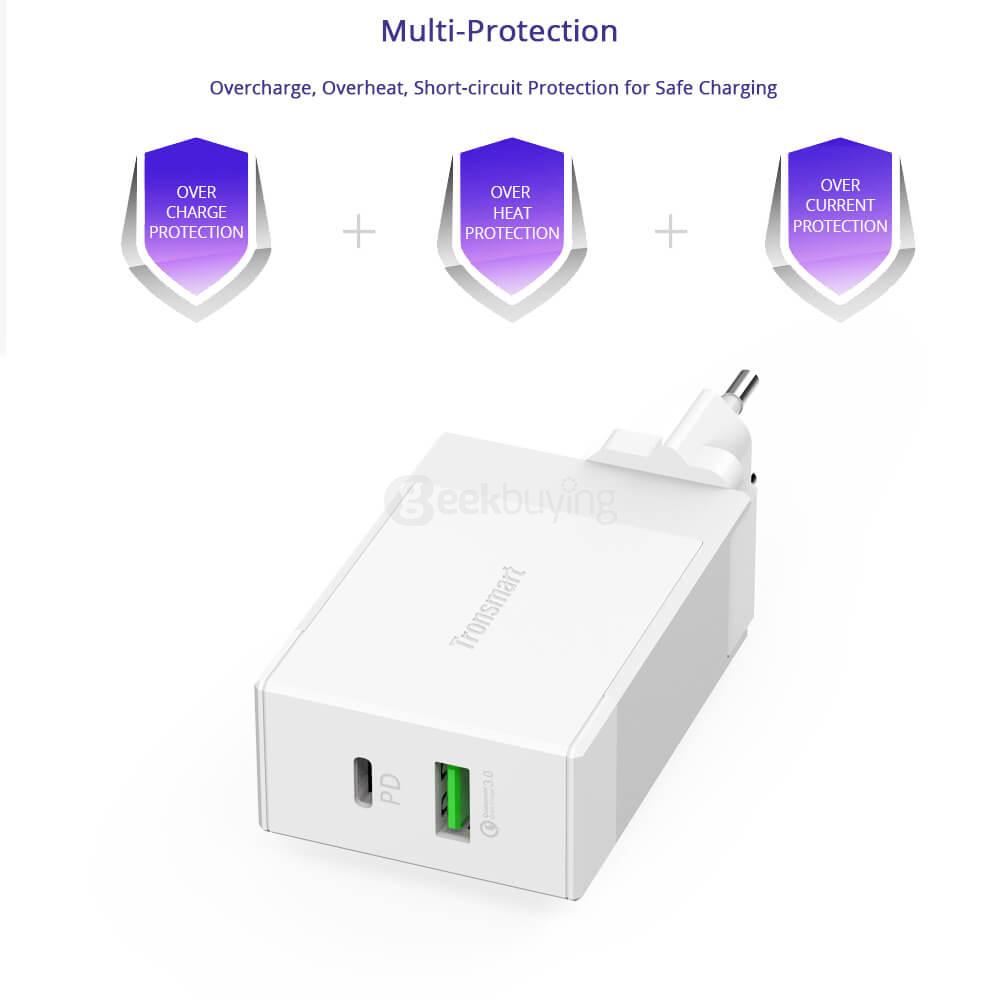 Tronsmart 48W USB-C 2-Port Wall Charger with Power Delivery for Google Pixel/Pixel XL MacBook 2016 Model iPad Pro and Quick Charge 3.0 for LG G5 HP Elite X3 Xiaomi Mi5 GM5 Plus LETV MaxPro HTC A9 - EU