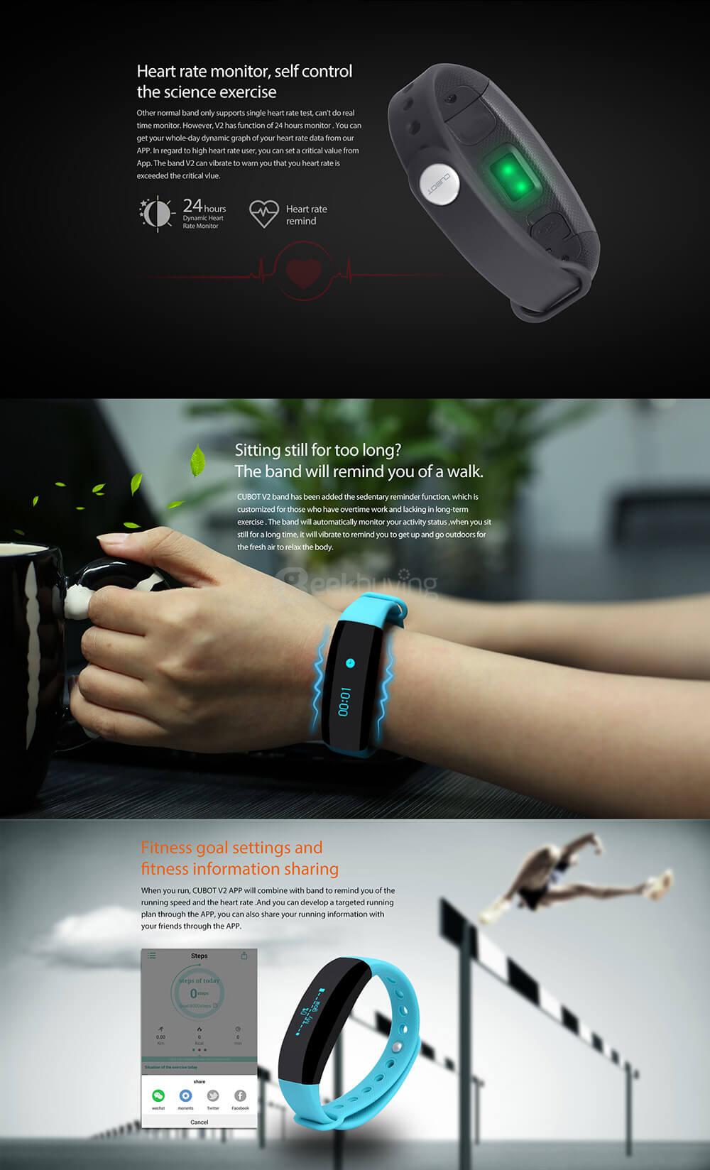 CUBOT V2 Heart Rate Monitor Smart Wristband Real-time GPS Intelligent Reminder Remote Camera IP65 Waterproof For iOS Android - Black