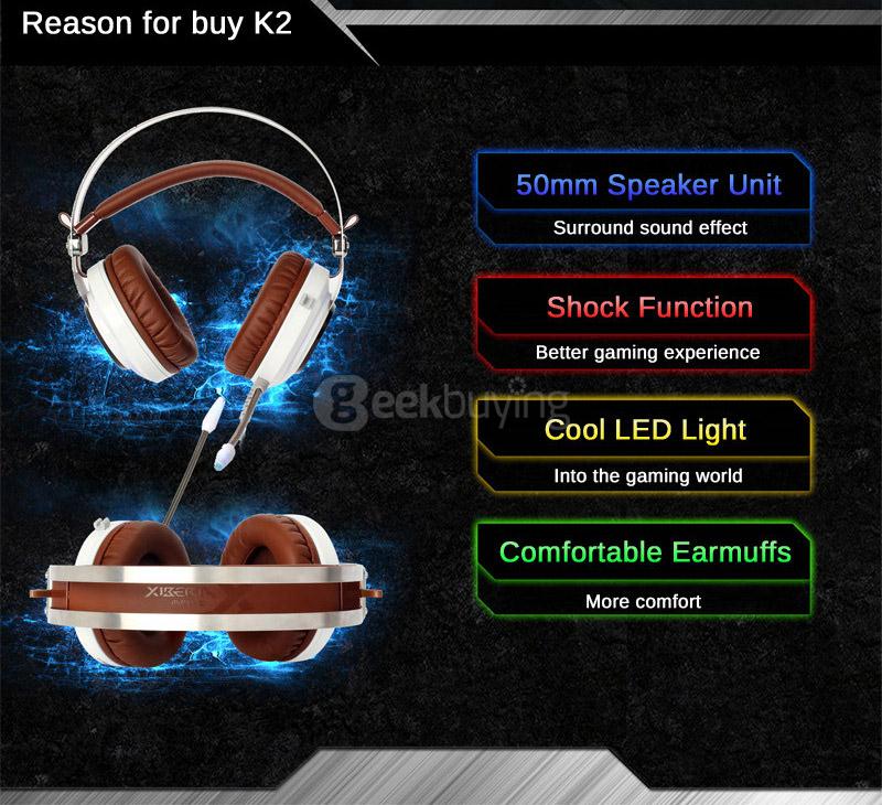 Xiberia K2 Over-ear USB Gaming Headphones with Microphone Stereo Surround Sound Game Headsets Glowing LED Light - White