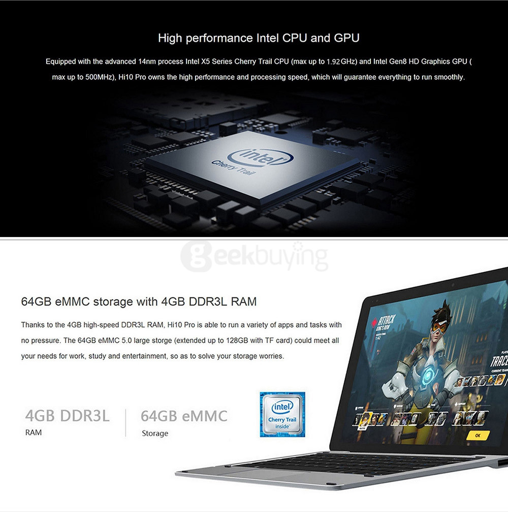 CHUWI Hi10 Pro Tablet PC 10.1 inch Dual OS Windows 10 + Android 5.1 4GB/64GB Intel Atom X5 Z8350 Quad Core 1.92GHz IPS 1920*1200 Type-C - Gray