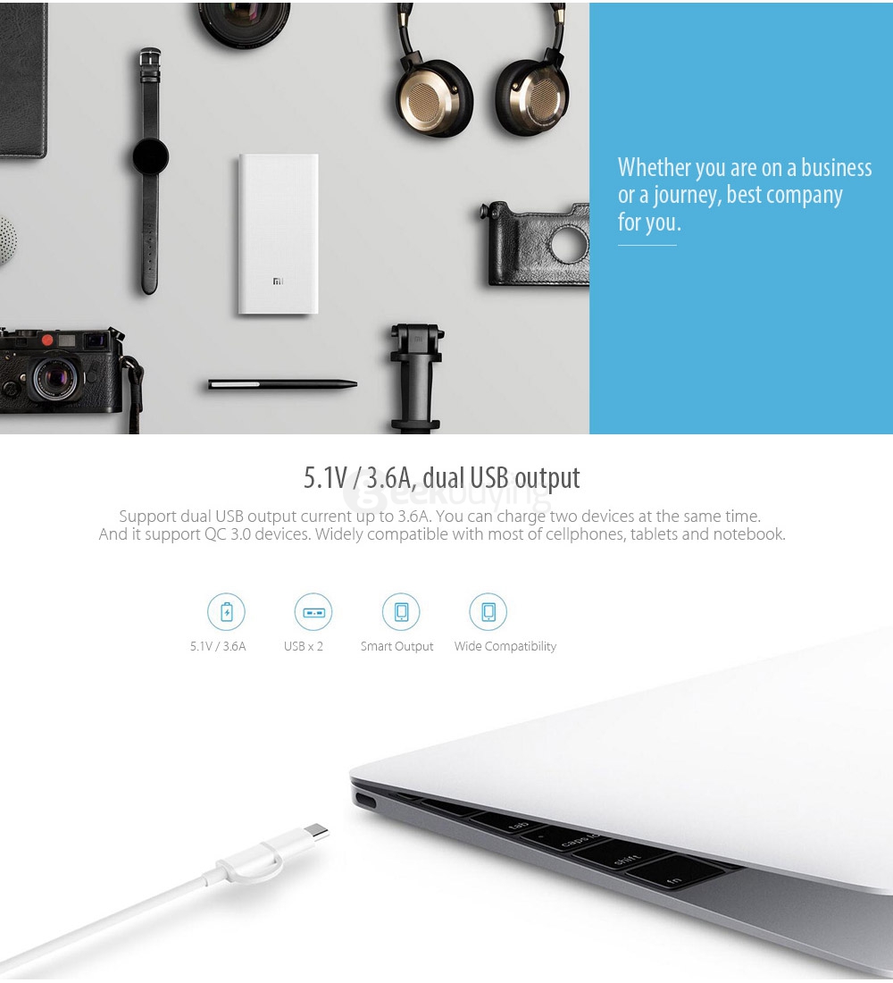 Original XIAOMI 20000mAh Power Bank 2 Dual USB Output External Battery - White