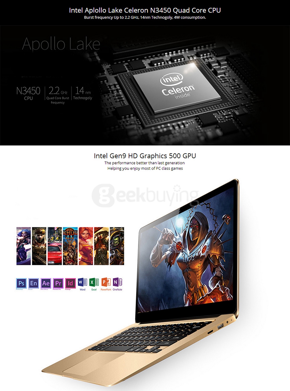 Onda Xiaoma 41 Notebook 14.1 inch Windows 10 Intel Apollo LAKE Celeron N3450 Quad Core 2.2GHz IPS 1920*1080 Dual WiFi HDMI - Gold