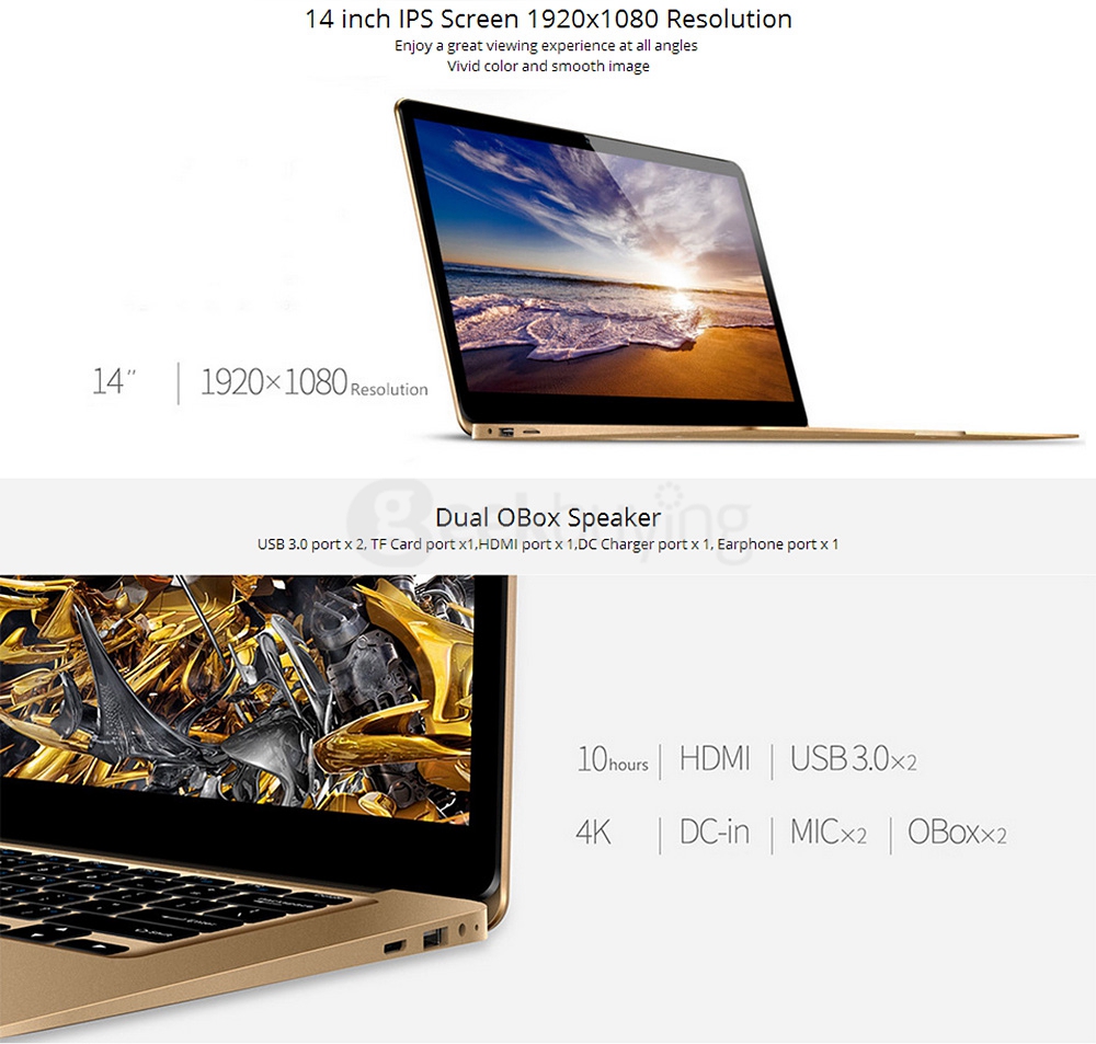 Onda Xiaoma 41 Notebook 14.1 inch Windows 10 Intel Apollo LAKE Celeron N3450 Quad Core 2.2GHz IPS 1920*1080 Dual WiFi HDMI - Gold
