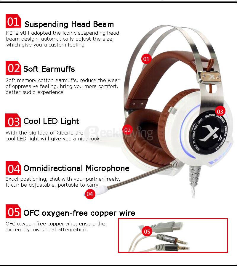 Xiberia K2 Over-ear USB Gaming Headphones with Microphone Stereo Surround Sound Game Headsets Glowing LED Light - White