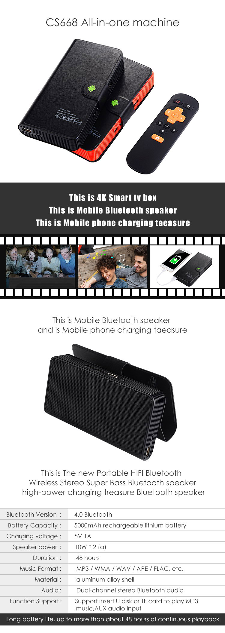 CS668 4K TV BOX 5000mAh Power Bank Bluetooth Speaker Combo Android 6.0 Amlogic S905X 8GB ROM DLNA Miracast - Black