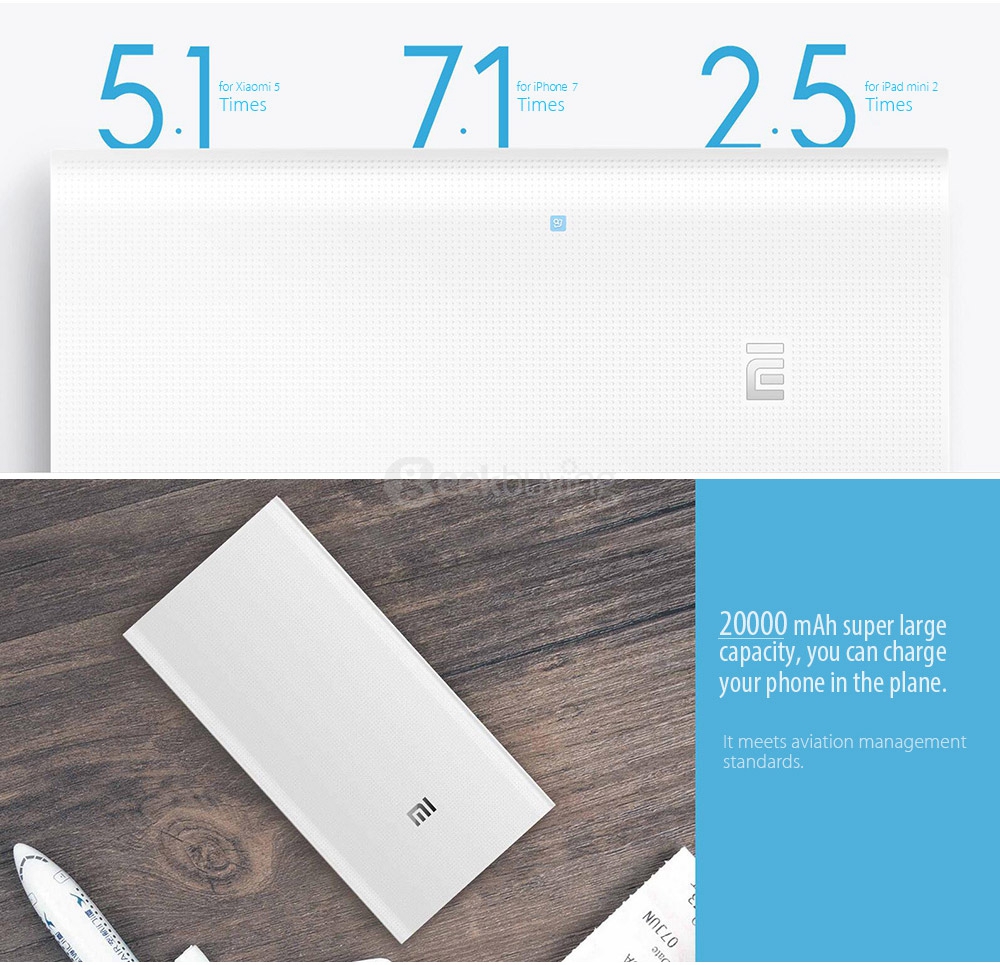 Original XIAOMI 20000mAh Power Bank 2 Dual USB Output External Battery - White