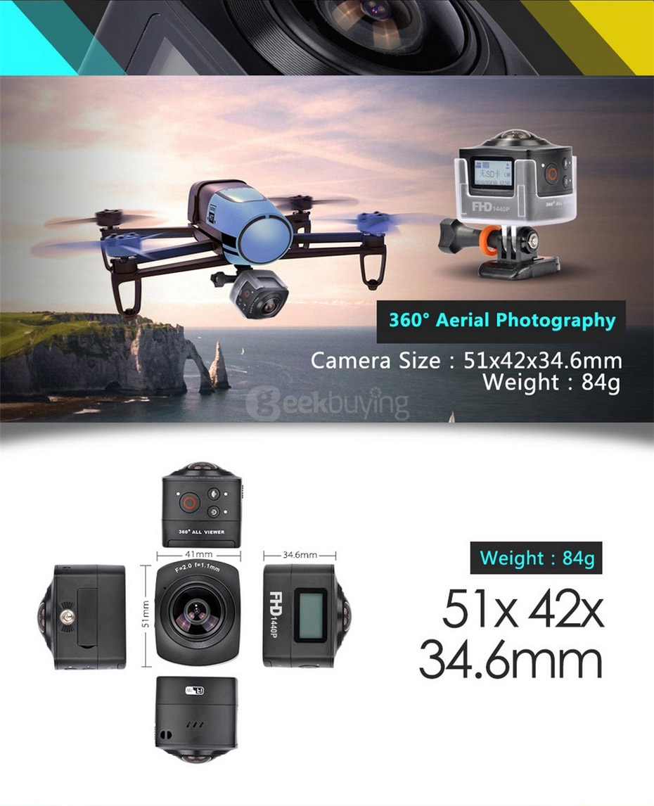 AMKOV AMK100S 360 Degrees Panoramic Camera Mini VR Camera 1440P 30fps 8.0MP CMOS Sports Camera