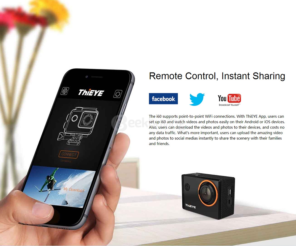 Original ThiEYE i60 WiFi 4K Action Camera 12MP 1.5inch LCD Sunplus 6350 OV4689 Sports Camera 1050mAh Battery Time Lapse Mode - Black
