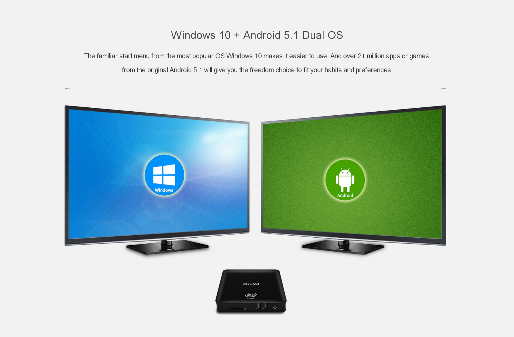 CHUWI HiBox Dual OS Mini PC Android 5.1 Window 10 64 Bit Intel Z8350 Quad Core 4G/64G AC WIFI Gigabit LAN H.265