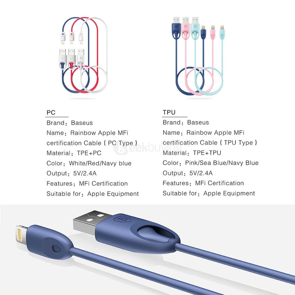 Baseus 1 Meter PC Rainbow Apple MFi Certification Cable Lightning Compatible Cable Fast Charge And Transfer Cable - White