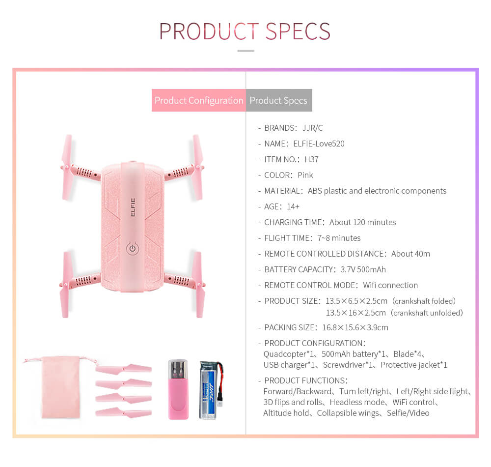 JJRC H37 ELFIE LOVE Foldable Arm WIFI FPV 720P HD Camera Altitude Hold Mode RC Quadcopter - Pink