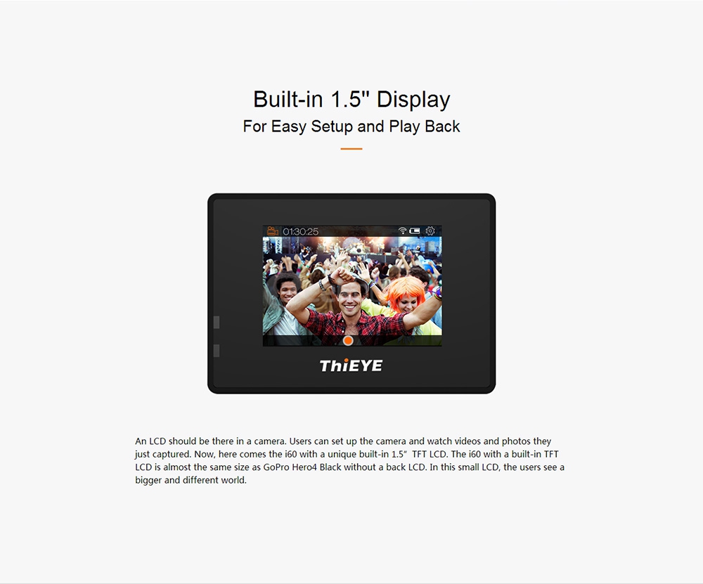 Original ThiEYE i60 WiFi 4K Action Camera 12MP 1.5inch LCD Sunplus 6350 OV4689 Sports Camera 1050mAh Battery Time Lapse Mode - Black