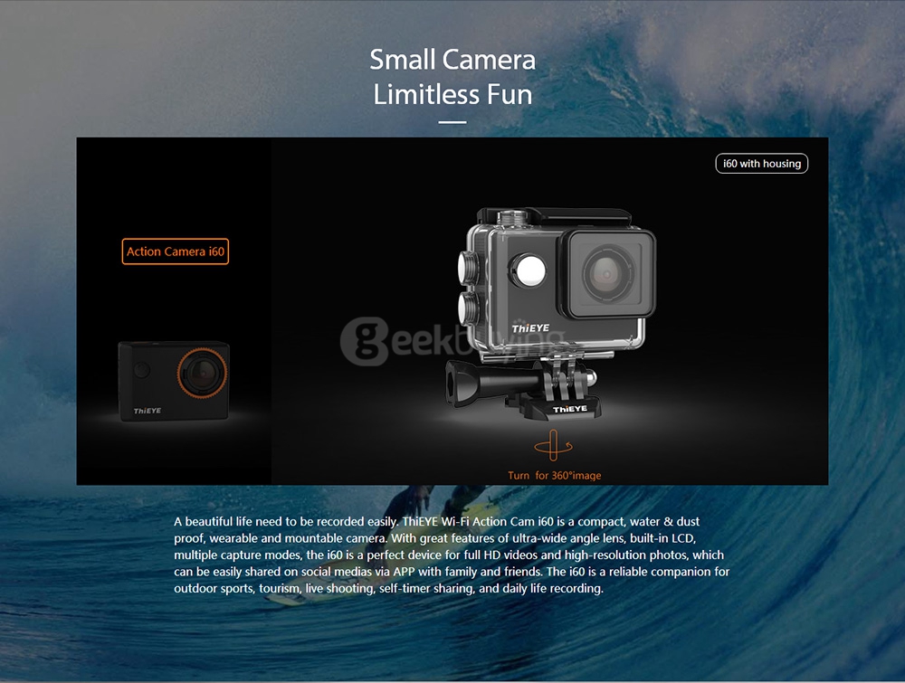 Original ThiEYE i60 WiFi 4K Action Camera 12MP 1.5inch LCD Sunplus 6350 OV4689 Sports Camera 1050mAh Battery Time Lapse Mode - Black