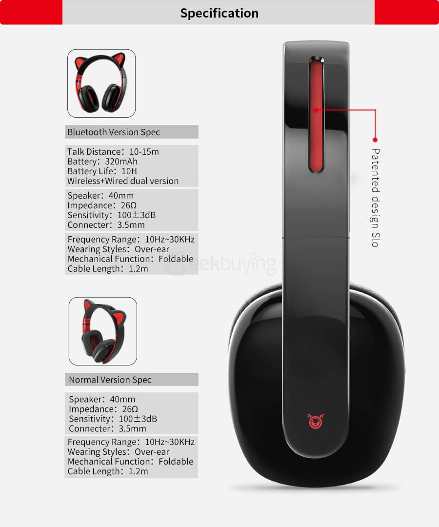 Censi Wired Cat Ear Headphones Over Ear Wired Noise Canceling Headphones for Smartphone PC - Black