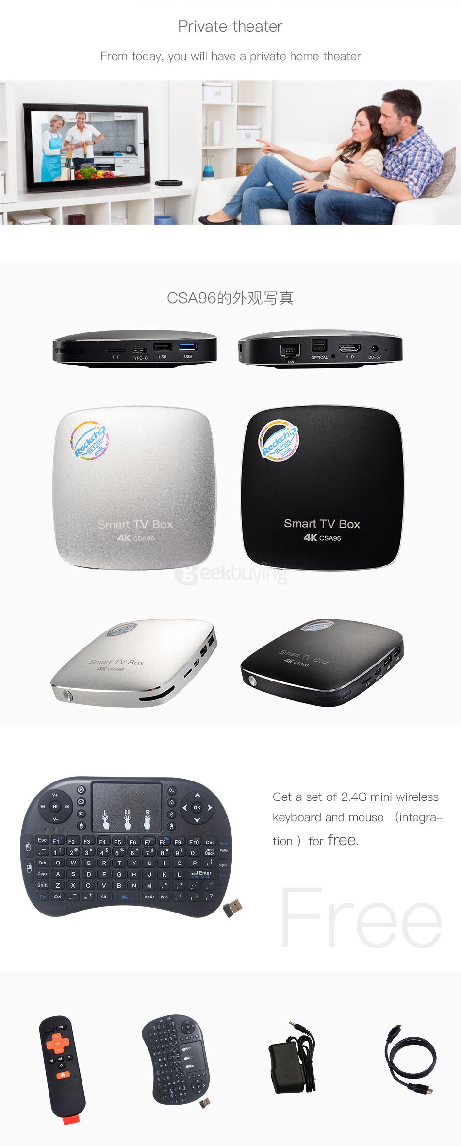 CSA96 RK3399 Hexa Core 4G/32G 4K 10 Bit TV Box Android 6.0 802.11AC WIFI Gigabit LAN Type C + Free i8 Air Mouse- Silver