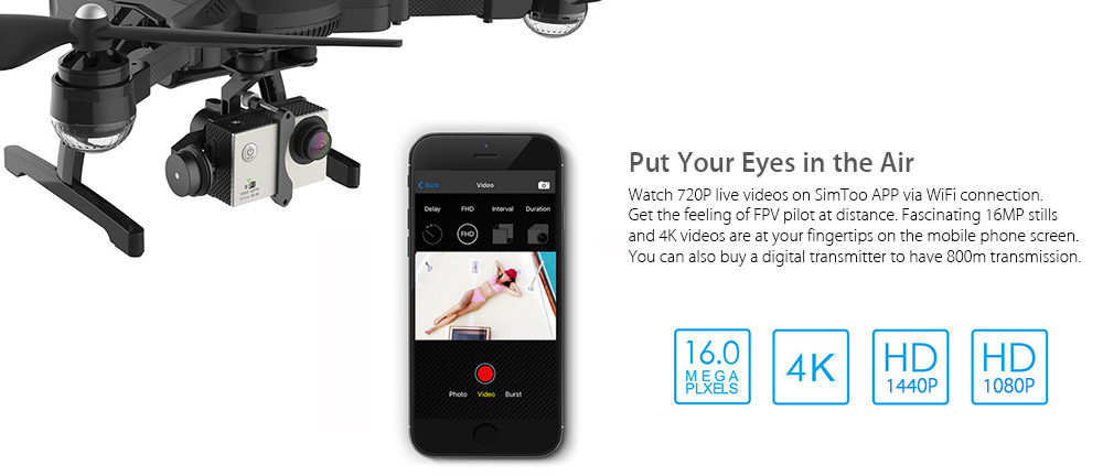 SIMTOO Dragonfly Drone Pro WiFi FPV 16MP 4K Camera 2.4GHz Voice Control GPS GLONASS RTF - Black