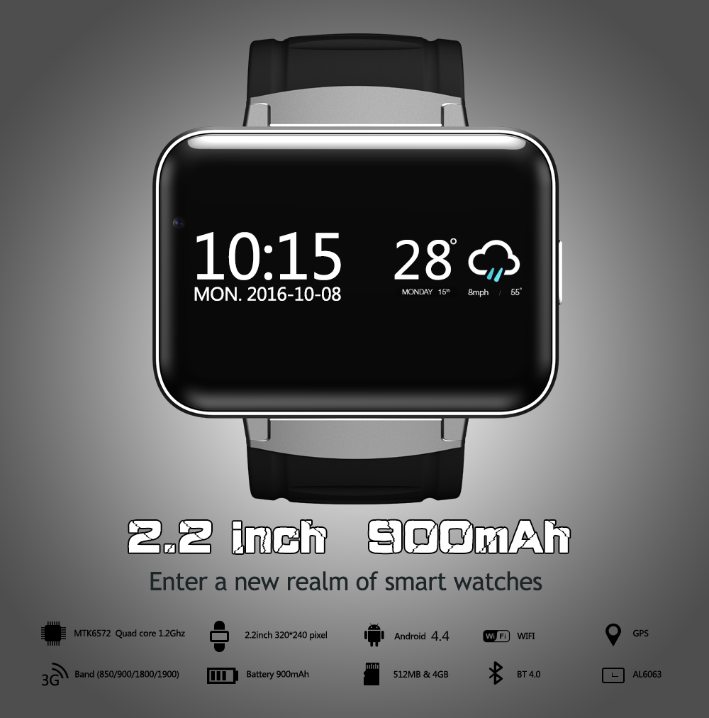 Makibes DM98 3G Smart Watch Phone Android 4.4 MTK6572 Quad Core 1.2GHz 512MB/4GB Bluetooth WiFi GPS Google Now 900mAh Battery 0.3MP Camera - Black