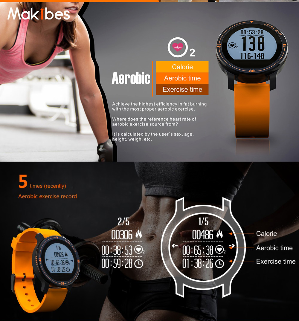 Makibes Aerobic A1 Aerobic Sports Monitoring Dynamic Heart Rate Monitor Pedometer APP Notification SMS Caller ID Display Sleep Tracker 5 Day Record IP67 Waterproof Sports Smart Watch - Blue