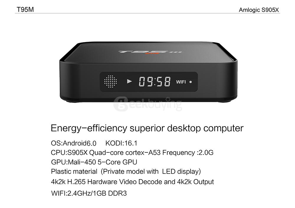 T95M Amlogic S905X Quad Core Android 5.1 4K TV BOX 1G/8G 802.11 b/g/n LAN HDMI - Black