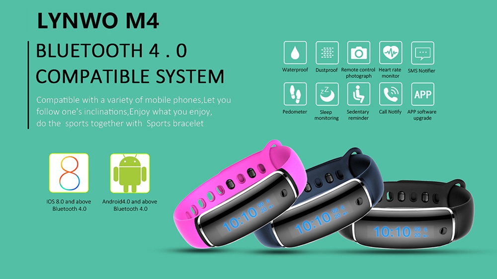 LYNWO M4 Health Smart Bracelet Dynamic Heart Rate Blood Pressure Monitor Sleep Tracker Call SMS APP Noification Reminder Bluetooth Wristband - Black