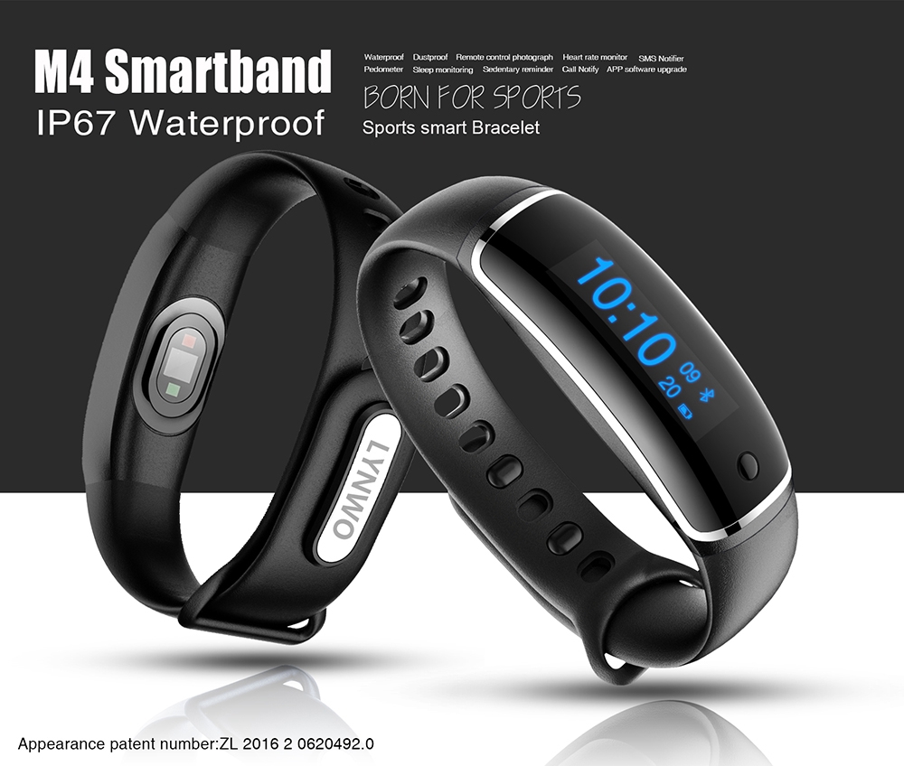 LYNWO M4 Health Smart Bracelet Dynamic Heart Rate Blood Pressure Monitor Sleep Tracker Call SMS APP Noification Reminder Bluetooth Wristband - Black
