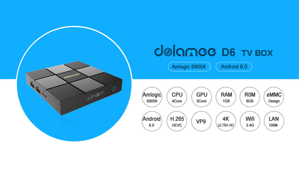 DOLAMEE D6 Amlogic S905X KODI 4K TV BOX Android 6.0 Marshmallow 1G/8G WIFI LAN VP9 HDR10 Media Player