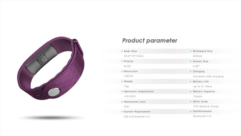 Makibes i3 HR Smart Bracelet IP67 Water Resistant Pedometer Call Reminder Heart Rate Mnitor Bluetooth Comaptible with iOS Android - Purple