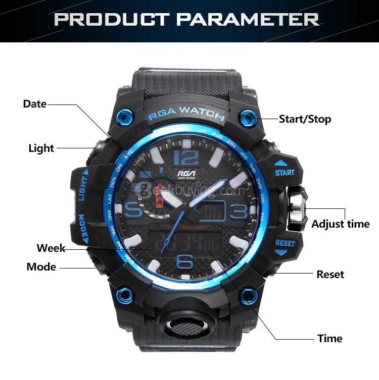 RGA R-983 Digital Watch Water Resistant LED Sports Watches Casual Quartz Wristwatch for Men - Black