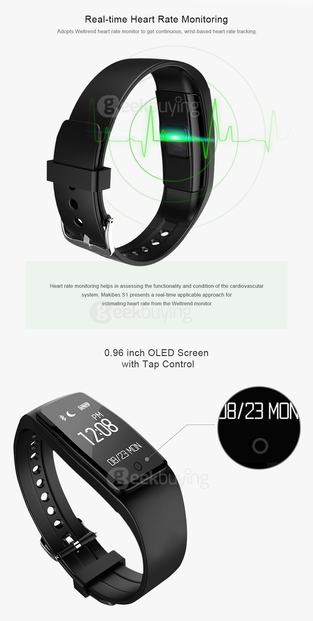 Makibes S1 Bluetooth 4.0 Heart Rate Monitor Smartband Call Reminder Remote Camera Fitness Tracker OLED Display For Android iOS - Green