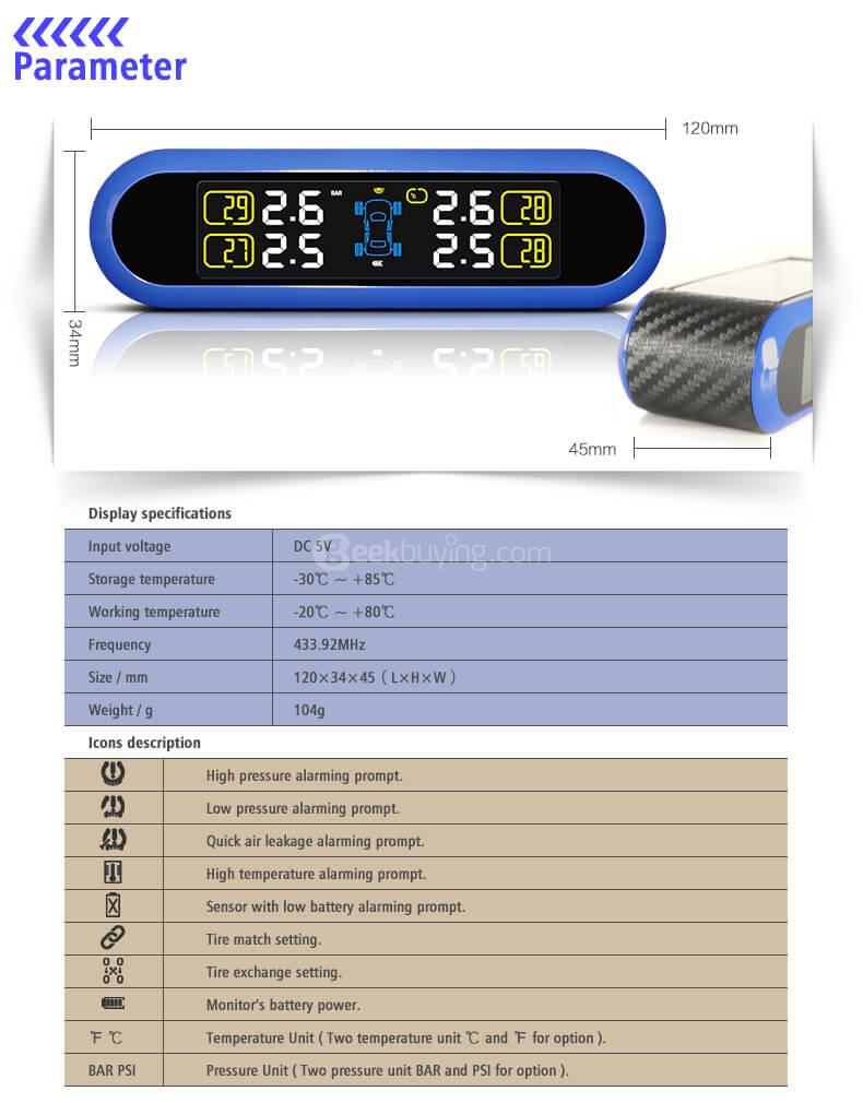 CAREUD T5WF Solar TPMS Tire Pressure Monitoring System USB Interface with Four Outer Sensors - Blue