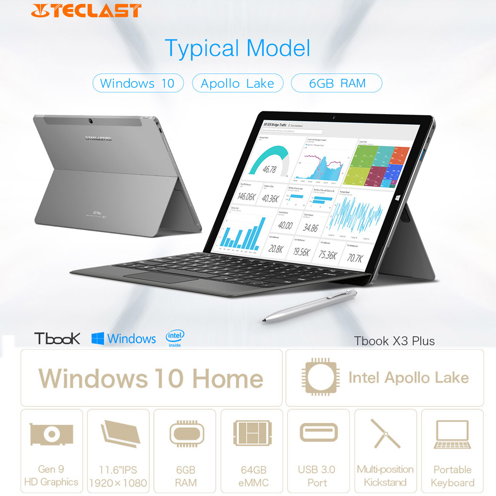 Teclast X3 Plus 11.6 Inches Tablet PC Licensed Windows 10 Intel Celeron N3450 6G/64G 2.0MP Front Camera 5.0MP Rear Camera WiFi Bluetooth with 1080P Capacitive Touch Display