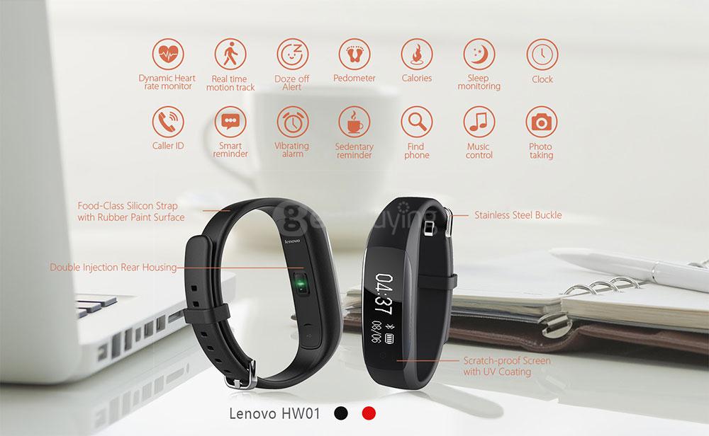 Lenovo HW01 Bluetooth 4.2 Smart Wristband Dynamic Heart Rate Moniter Pedometer Fitness Tracker for Android iOS - Red