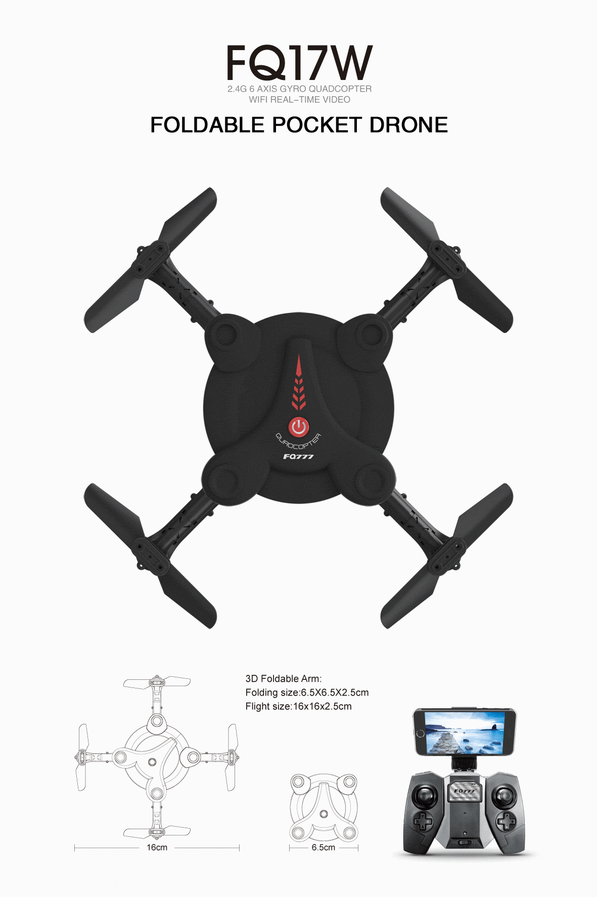FQ777 FQ17W WIFI FPV Foldable Pocket Drone With 0.3MP Camera Altitude Hold Mode RC Quadcopter RTF - Black