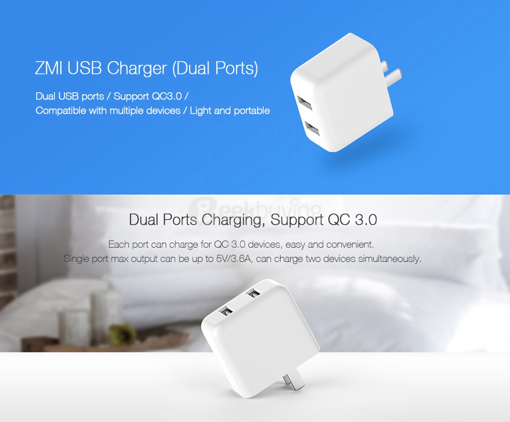 Original Xiaomi ZMI HA622 Quick Charge 3.0 18W Dual USB ports Fast Wall Charger - US Plug
