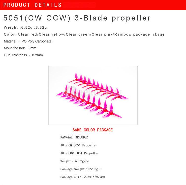 10 Pairs Kingkong 5051 5x5.1 Inch 3-Blade Single Color CW CCW Propeller for Racing Quadcopter - Yellow
