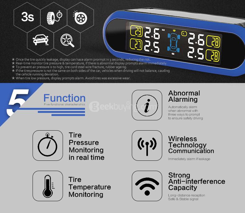 CAREUD T5WF Solar TPMS Tire Pressure Monitoring System USB Interface with Four Outer Sensors - Blue
