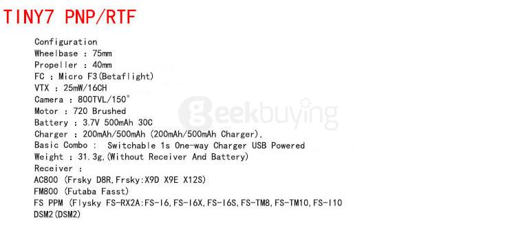 KINGKONG Tiny 7 75mm Micro FPV Racing Quadcopter With 800TVL CMOS Camera Micro F3 Brush Flight Controller PNP - Basic Combo Version